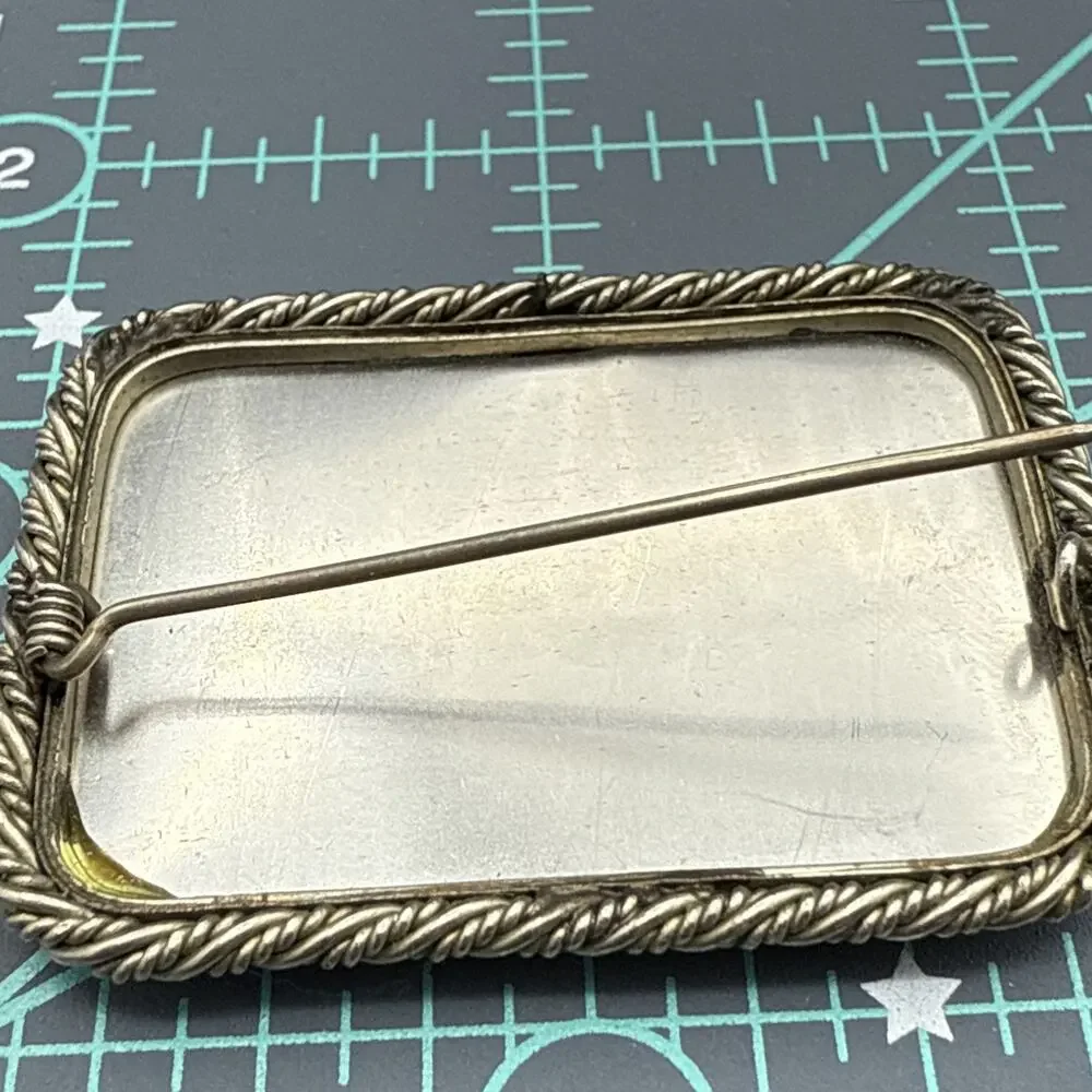 Vintage Brooch Fedoskino Hand Painted Mother of Pearl Coastal Ships Signed KM 98